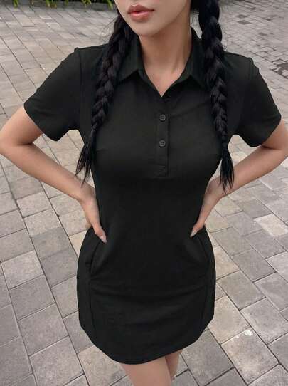 Rikumo 春夏新款时尚简约优雅翻领单排扣修身短款连衣裙（女款）黑色