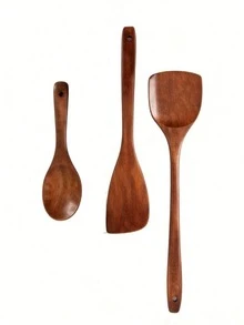 3pcs Wooden Spatula Set For Non-Stick Cookware, Kitchen Cooking Utensils Set With Long Handle Soup Spoon And Stir-Fry Spatula, Random Color - View 7