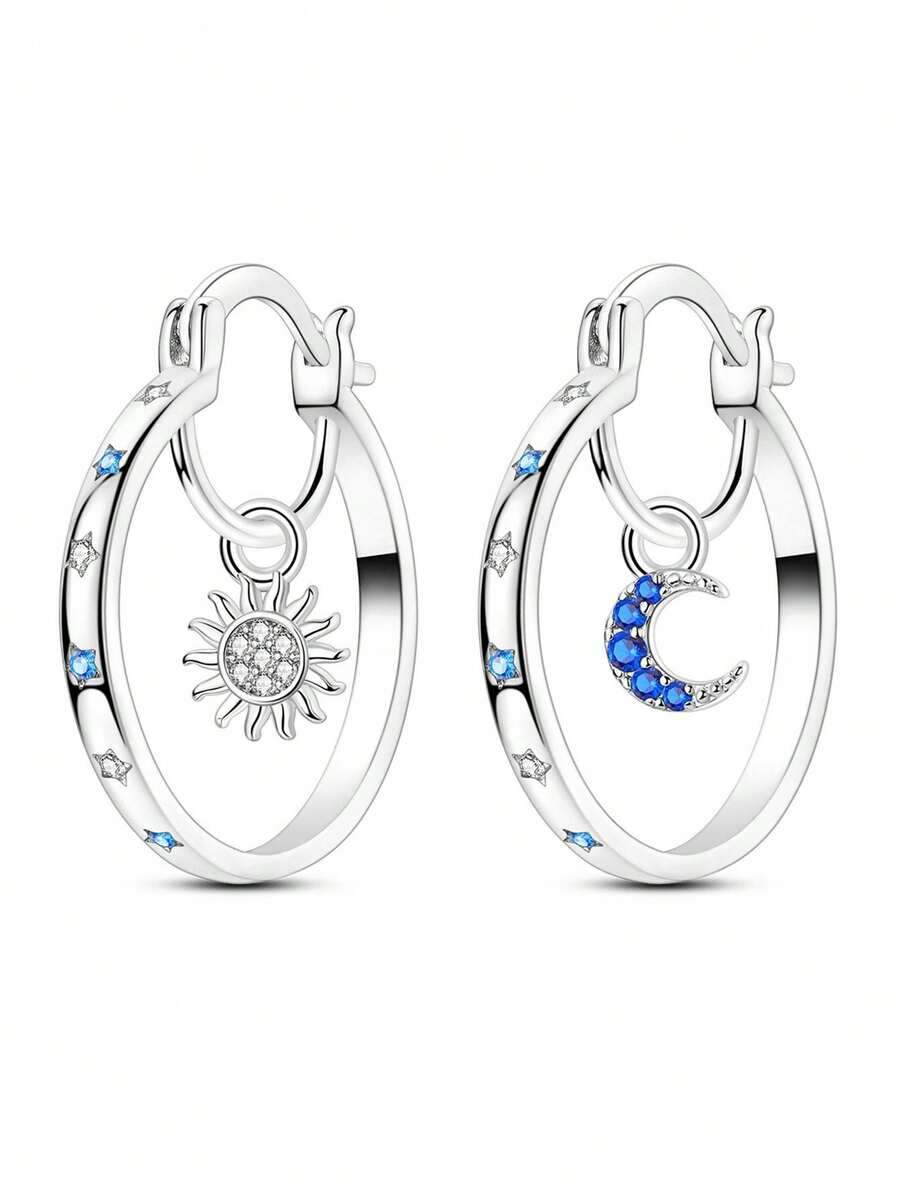 不对称耳环 - 银色，镶嵌闪亮锆石，日月图案 - 銀色 - 查看 1