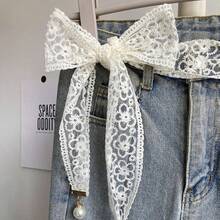 1条蕾丝刺绣腰带，时尚珍珠装饰可调节腰带，女士优雅发圈及包包配饰，适合日常使用 - 白色 - 查看 3