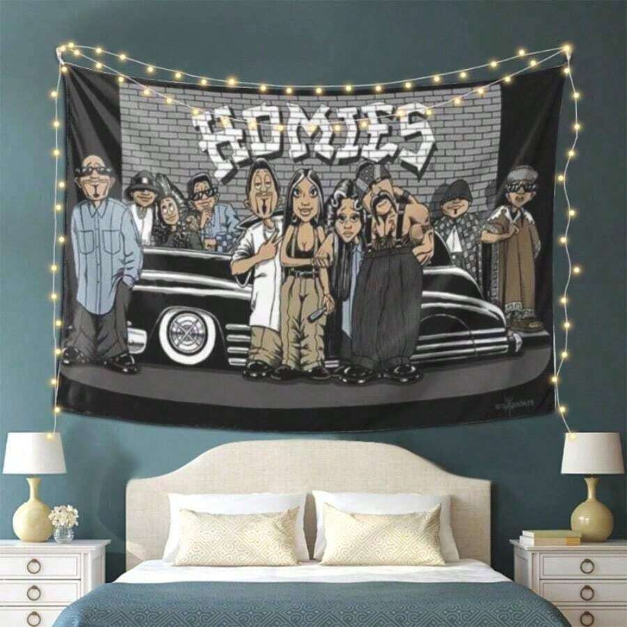 SnoopGangTapestry Homies Wall Hanging Tapestry - Urban Street Art Design With Vintage Car & Brick Wall Graffiti High-Quality Peach Light Beige Fabric Horizontal Wall Decor For Bedroom Office Party - Perfect Gift For Hip-Hop Fans Office Artwork Cartoon Style Graphic Sleek Texture - A - View 1