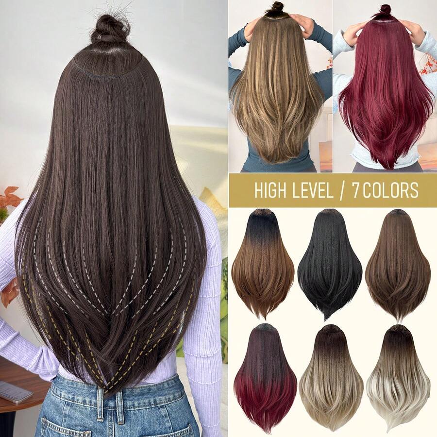 HEYPINK Tóc nối kiểu V-clip màu đen nâu chuyển sắc, đỏ rượu chuyển sắc, nâu chuyển sắc, đen nâu chuyển sắc, dài 22 inch, chất liệu sợi tổng hợp chịu nhiệt, phù hợp cho nữ giới dịp Giáng sinh, Halloween, các bữa tiệc lễ hội âm nhạc và sử dụng hàng ngày.