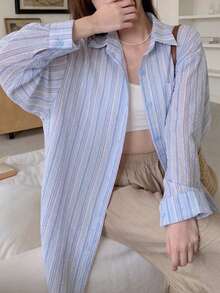 YUXIN Chemise femme rayée rose, respirante et confortable, coupe ample avec col châle et manches longues, convient pour le printemps et l'été - Bleu azur - Voir 8