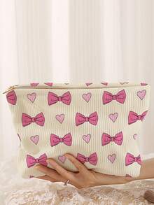 1个便携式化妆包，蝴蝶结和爱心图案，双面印花拉链化妆袋，多功能旅行洗漱用品收纳包 - 彩色 - 查看 1