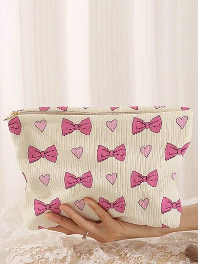 1个便携式化妆包，蝴蝶结和爱心图案，双面印花拉链化妆袋，多功能旅行洗漱用品收纳包