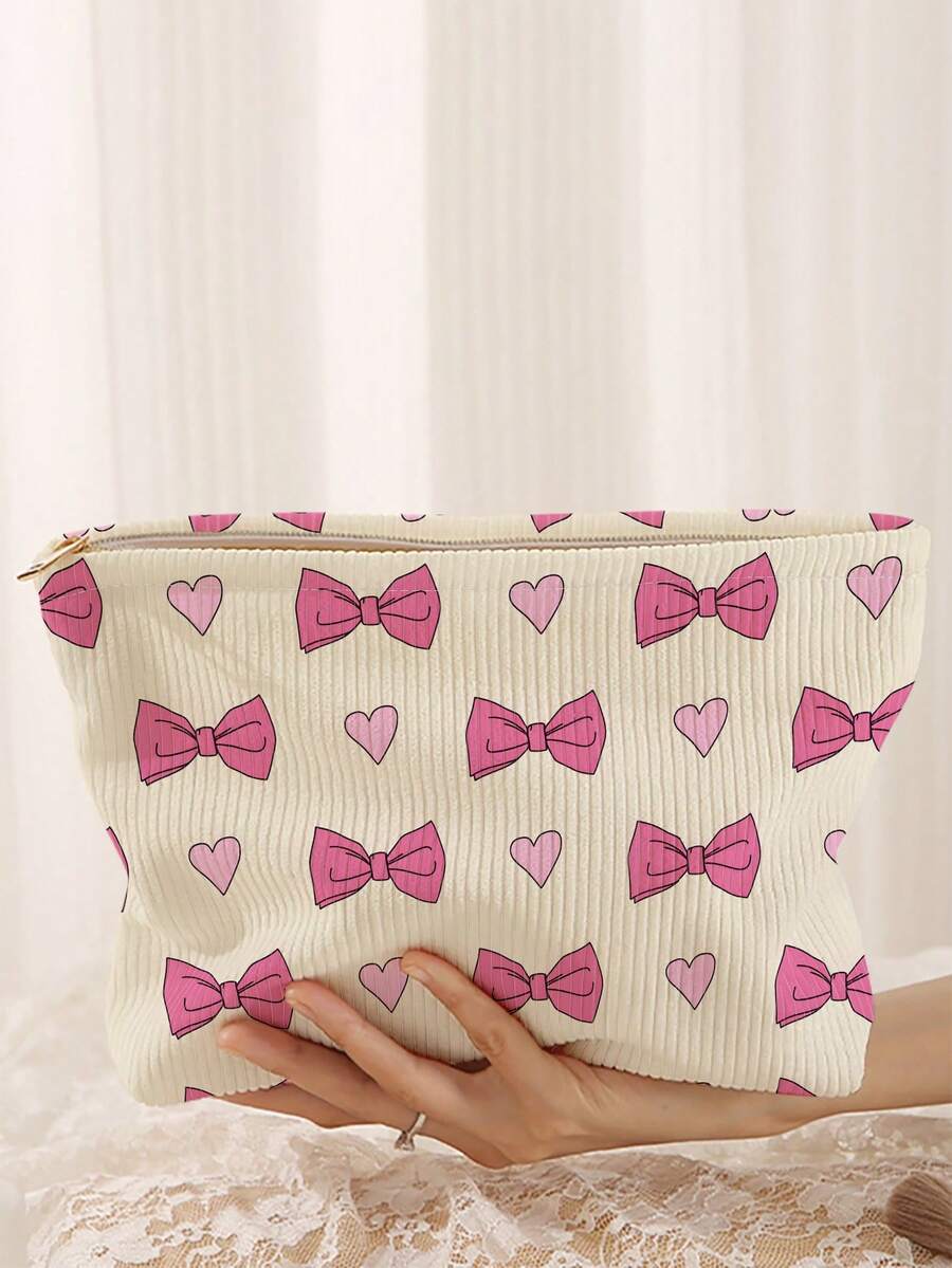 1个便携式化妆包，蝴蝶结和爱心图案，双面印花拉链化妆袋，多功能旅行洗漱用品收纳包 - 彩色 - 查看 1
