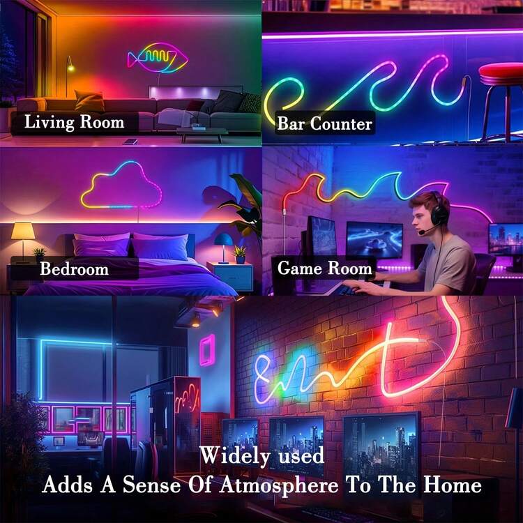 5V RGBIC智能霓虹灯带，USB供电。可通过遥控器/App控制，多种模式可选。支持音乐同步闪烁。适用于客厅、游戏室和节日派对装饰。灵活可定制，打造您专属的设计。 - smart neon light strip - 查看 7