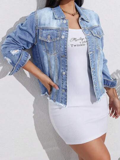 Chamarra de Mezclilla para Dama, Ropa Vaquera Mujer Corta y Ancha, Color Gris Negro con Roturas y Bordes Desflecados, Versátil Casual, Chaqueta vaquera de manga larga con bolsillos rotos y lavados para mujer