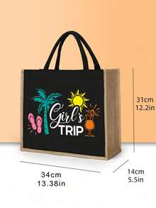 Bolso de tela con estampado tropical "Girl's Trip" y estuche a juego para maquillaje, bolso de lona con estampado de palmeras, sol y chanclas para playa y vacaciones, bolso de yute reutilizable - Multicolor - Ver 8