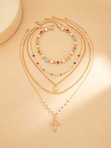 5 Pieces/Set Of Vintage Metal Sun Cross Pendant Long Necklace, Bohemian Colored Crystal Necklace, Luxurious Diamond Necklace, Suitable For Couples' Daily Wear - Multicolor - View 6