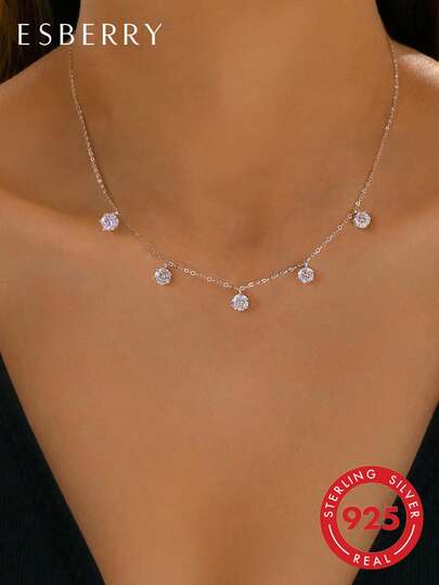 ESBERRY 1pc Elegant Luxury 5-Diamond Moissanite Necklace, 925 Sterling Silver Exquisite Jewelry Gift For Women, Wedding/Bride