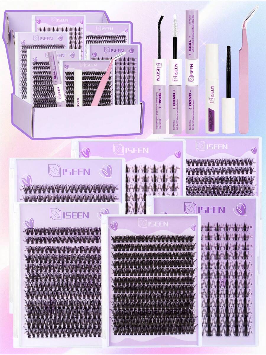 1200pcs/Set, 240pcs/Set, 120pcs/Set Faux Mink Cluster Eyelash Extension Kit, 30-40-50-80D Curl, Cartoon Style Cluster Eyelashes Set, Includes Adhesive, Remover, Tweezer, Soft & Crossover Daily Cluster Eyelashes, Convenient DIY Eyelash Makeup Tool - Purple - View 1