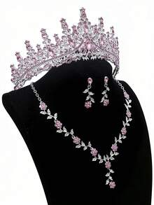 Set de joyería nupcial de 3 piezas con corona de lujo con rhinestones, conjunto de collar y aretes con corona de diamantes rosas estilo princesa, adecuado para boda/fiesta - Rosa - Ver 6
