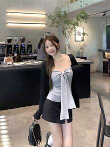 Bộ đồ nữ thường ngày mùa xuân/hè mới, dáng ôm tối giản, tay dài, áo khoác cardigan và áo kiểu 2 mảnh. - Xám - Xem 8