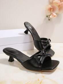 Giày sandal cao gót màu trơn thanh lịch dành cho nữ, chất liệu da PU phối lưới, thích hợp đi biển, dự tiệc, hoạt động ngoài trời, mùa hè. - màu đen - Xem 3