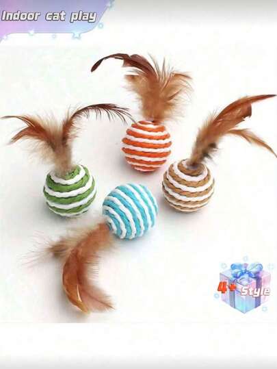 4pcs/Pack Random Color Sphere Design Cat Toys, Cat Wand, Suitable For Cat Interaction, Colorful Ball Cat Toys, Scratching Board, Interactive Training Toys, Interesting Toys, Feather Toys, Random Colors