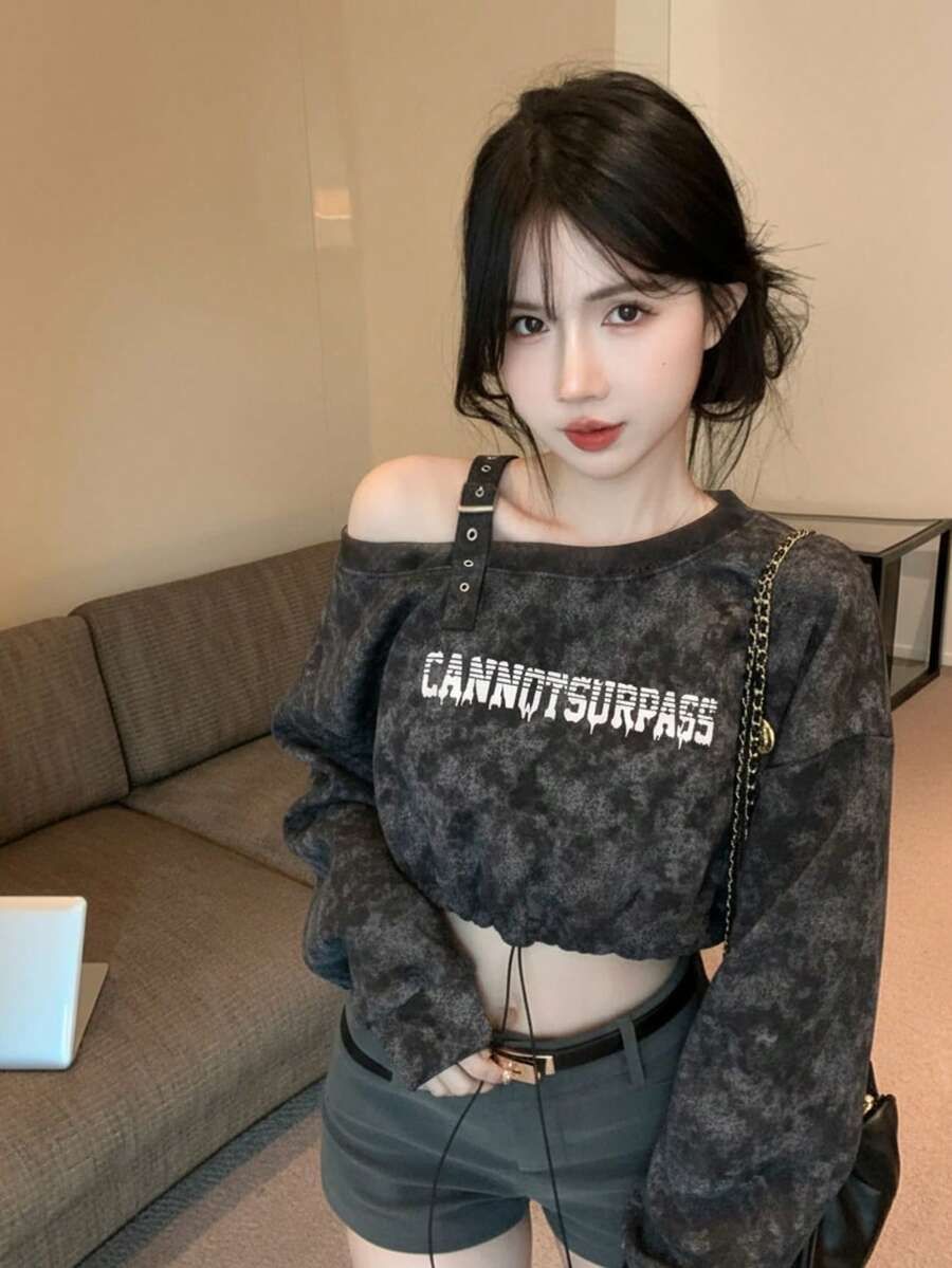 Open Shoulder Long Sleeve Sweatshirt With Cinched Waist Design, Loose Cropped Top Casual Black - Black - View 1