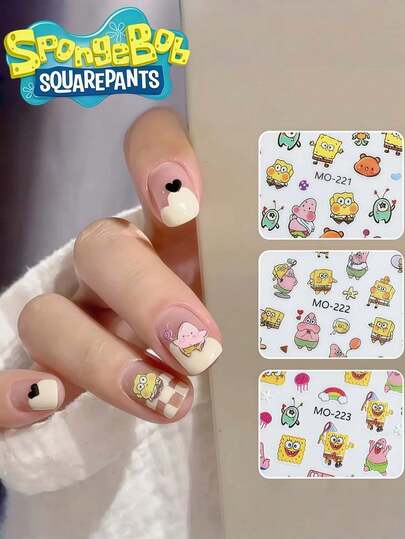 SpongeBob SquarePants SquarePants Theme Series Cute Cartoon Nail Decoration Sticker Set, With Random Color And Style, No Need For Lights, Can Be Used Directly, Featuring Cute Cartoon Patterns Of Patrick, Octopus, Mr. Crab, Sandy, And Gary. DIY Nail Sticker Accessories, Adhesive Type Requires Self-Adhesive, Casual Style Nail Stickers, Nail Supplies