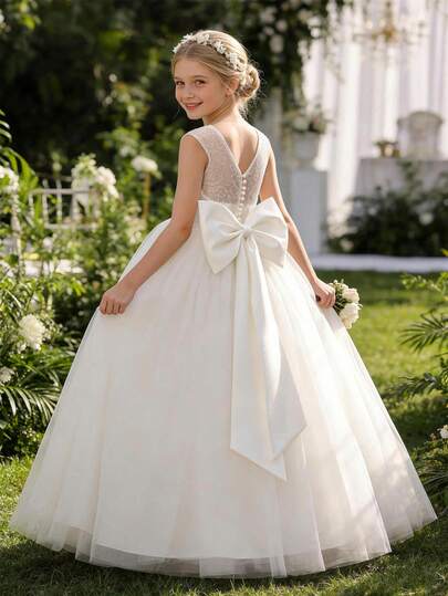 Vestido elegante con decoración de lazo para niña preadolescente, vestido de niña de las flores estilo princesa adecuado para bodas, fiestas, cumpleaños, comunión y ocasiones importantes