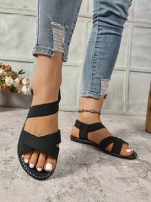 女士交叉弹力带平底凉鞋，时尚舒适宽松透气户外休闲轻便百搭优雅沙滩平底凉鞋 - 黑色 - 查看 3