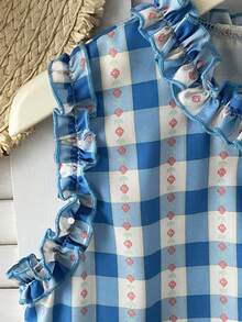 女童休闲修身格子衬衫长裤套装，夏季 - 淺藍色 - 查看 4