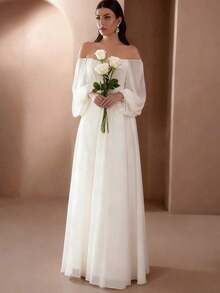 Women's Solid Color Off Shoulder Lantern Sleeve Casual Wedding Dress Spring White - Navy Blue - View 7