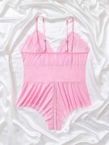 Plus Size Women Lace Patchwork Sexy Lingerie Bodysuit - Pink - View 2