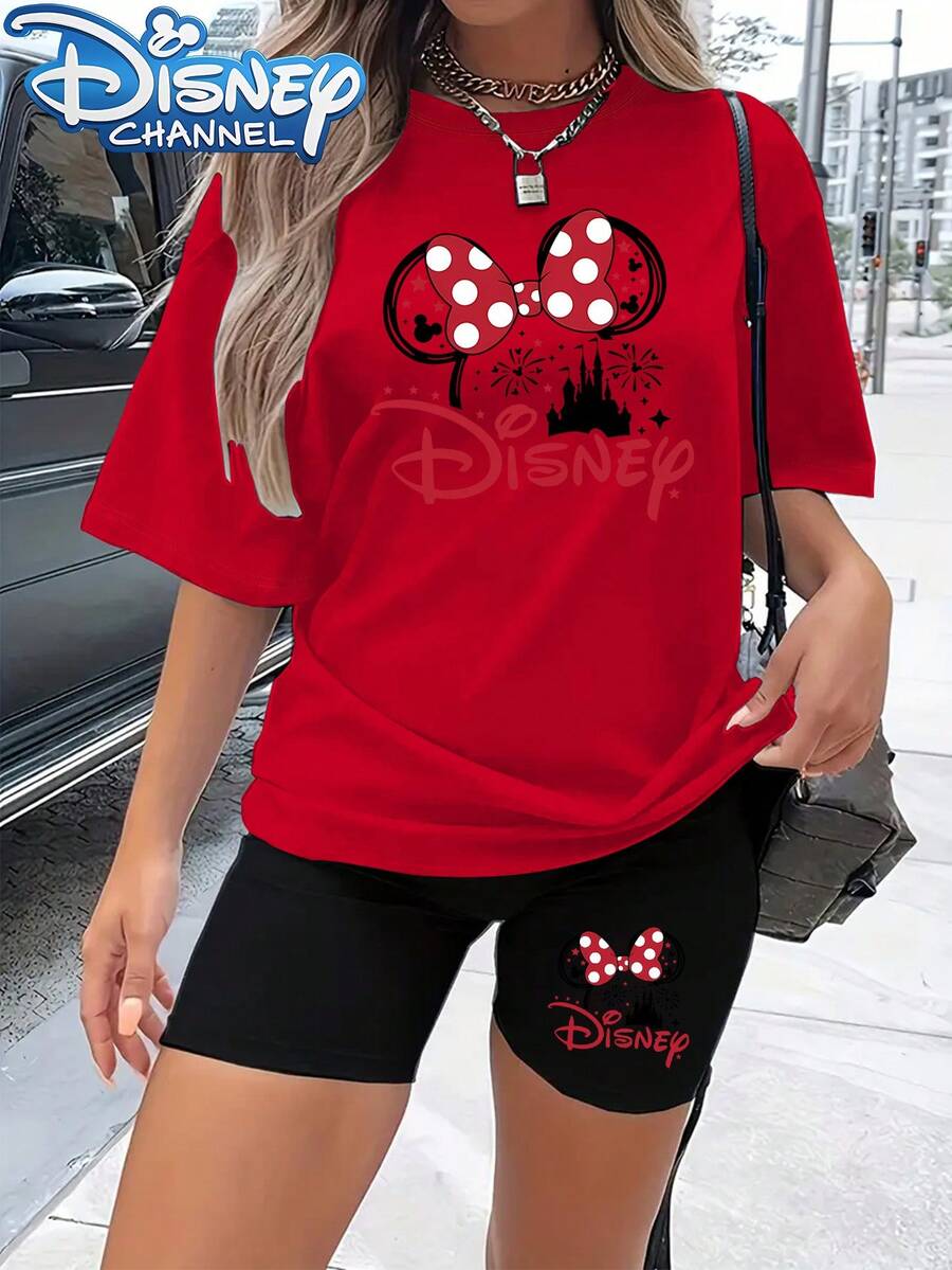 Disney Authorized Two-Piece Suit, Cartoon Mickey Minnie Letter Printing, Women's Casual T-Shirt And Yoga Pants Suit, Suitable For Summer Travel, Home Leisure, Disney Authorized Fashion Joker Soft And Comfortable Sports Suit. - 紅色 - 查看 1
