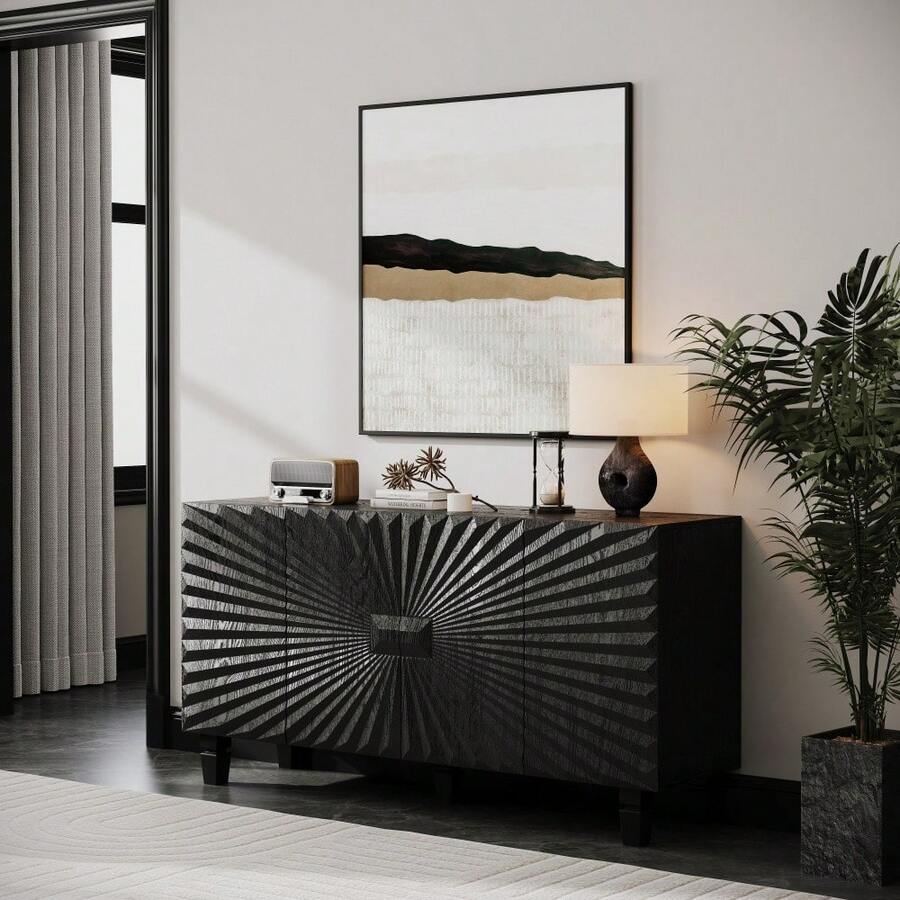 59'' Modern Buffet Sideboard With 4 Sunburst Doors,Credenza Storage Cabinet With Solid Wood Legs,Large Storage Cabinet For Kitchen Dining Living Room Entryway (Black) - Black + Solid Wood+MDF + American Design + Classic + Farmhouse + Modern - View 1