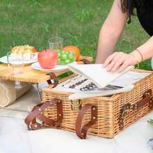 Multifunctional Wicker Picnic Basket Set 4 With Blanket & Picnic Table, Insulated With Complete Tableware, Outdoor Camping & Picnics, Natural - Natural With Blanket & Table for 4 - View 8