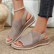 Womens Summer Walking Sandals Open Toe Ankle Sandals Shoes Elastic Strap Casual Comfortable Dressy Outdoor Beach Walking Travel Wedges Heels - 卡其色 - 查看 5