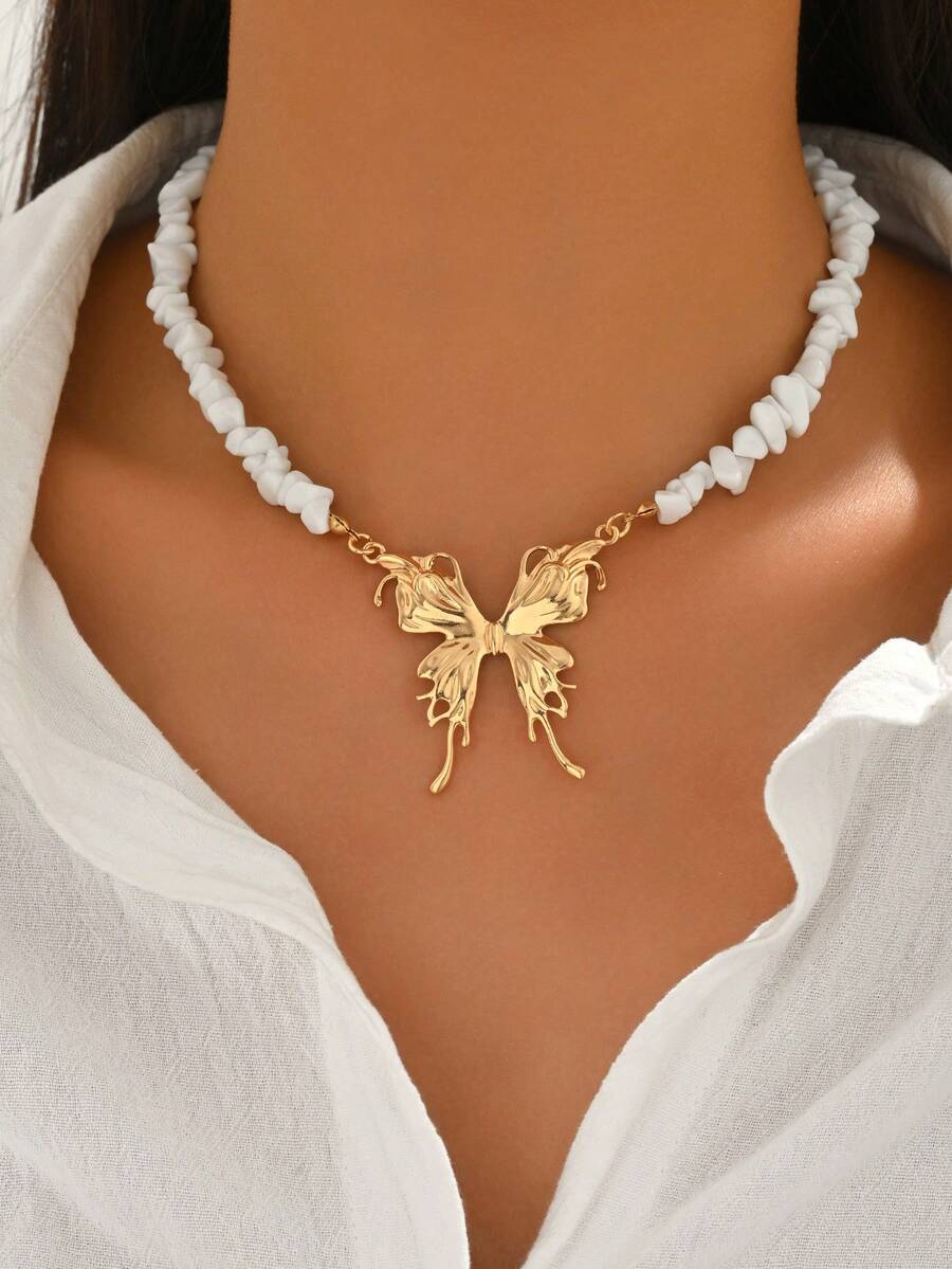 1 pièce Collier élégant et à la mode avec perles et pendentif papillon doré charmant. Collier ras-du-cou romantique pour femme, convient pour le port quotidien et les fêtes - Multicolore - Voir 1