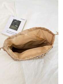 女士夏季草编包，沙滩包，旅行度假手提包，休闲日常购物单肩斜挎包 - 卡其色 - 查看 7