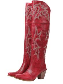 Summer Boots Riding Knee Thick Heels Embroidery Red Cowboy Boots For Women's Country Concert Combat Boots Cowgirl Outfits  Western Chic Festival Shoes - Đỏ - Xem 8