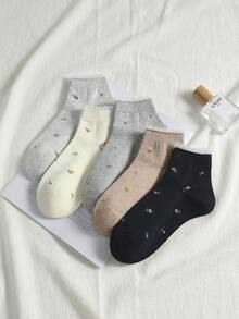 5 Pairs Women's Cute Breathable Floral Pattern Invisible Socks, Ankle Socks And Short Tube Socks, Fashionable INS Style Socks In White And Black, Minimalist And Comfortable, Suitable For Spring, Summer, Autumn And Winter - Multicolor - View 5