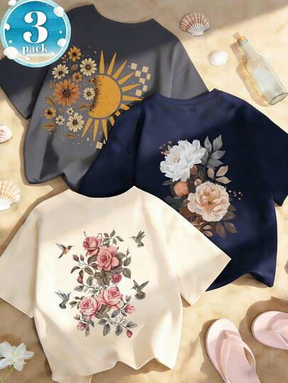 3pcs/Set Tween Girls' Printed Short Sleeve T-Shirts, Suitable For Tween GirlsSummer Tops, Young Student Clothing