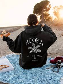 Mother's Day Gift 1 Piece Hoodie, Printed With Tropical Palm Tree Letters, Perfect For Casual Wear In Autumn And WinterMommy And Me Love Mom Festival Outfits - Black - View 10