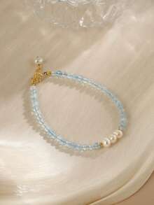 1 chiếc vòng tay đá Aquamarine với ngọc trai nước ngọt tự nhiên và hạt pha lê, trang sức cao cấp thanh lịch và đa năng. - Loại bướm - Xem 5