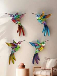 4 件套铁质 3D 蜂鸟墙壁艺术装饰，充满活力的金属花园装饰，适合户外庭院 - 彩色 - 查看 6