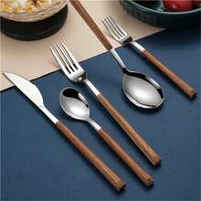 30pcs Stainless Steel Cutlery Set, Silverware Set With Wooden Grain Handles, 5-Person Setting, Dishwasher /Easy Clean, Mirror Polished - Silver - View 3