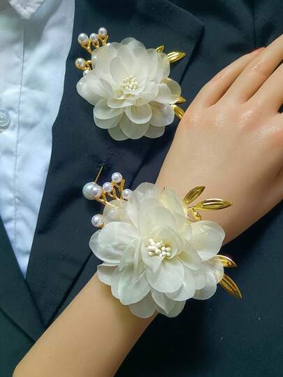 1 Wrist Flower + 1 Brooch Ivory Rose Flower Wedding Bride Groom Bridesmaid Decoration Artificial Flower Party Accessory Set