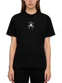 Sp5der  T-Shirts Unisex ,Classic Spider Print Design ,Summer Vintage Short Sleeve Casual ,Basic Tee Tops, Black Color - 黑色 - 查看 8
