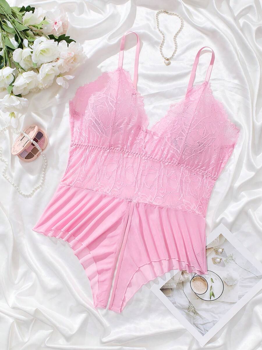 Plus Size Women Lace Patchwork Sexy Lingerie Bodysuit - Pink - View 1