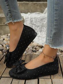 Giày bệt nữ mùa xuân/hè mới, kiểu dáng ngọt ngào, đính nơ và đá, mũi tròn, kiểu dáng slip-on, thời trang, đa năng, phù hợp đi làm. - màu đen - Xem 3