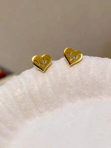 1 Pair Gold Hollow Heart ECG Earrings, Stainless Steel Jewelry, Unisex, Heartbeat Gift For Lover, Mother's Day Surprise For Mom - Gold - View 6