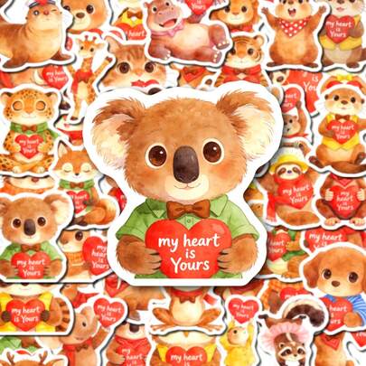 50张可爱水彩动物贴纸，印有“我的心属于你”字样，美观的装饰贴纸，适用于日记、剪贴簿、计划本、笔记本电脑、水瓶、文具、礼品包装和日常生活装饰，可爱的考拉、松鼠、水獭、老虎、长颈鹿图案，可用于自我表达和个性化手工项目。