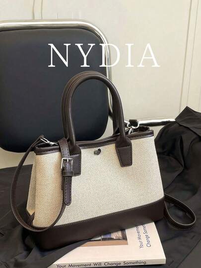 1个女士复古撞色帆布手提包，迷你手提包，配有可调节肩带，适合日常通勤