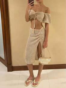 Bộ đồ đi nghỉ hè mới dành cho nữ, bộ đồ đi biển gợi cảm đan móc, áo quây buộc dây một vai + chân váy ôm sát xẻ tà bên hông, thích hợp cho kỳ nghỉ, bãi biển, tiệc trà chiều, hẹn hò hoàng hôn, du lịch, phong cách Bohemian. - Lạc đà - Xem 9