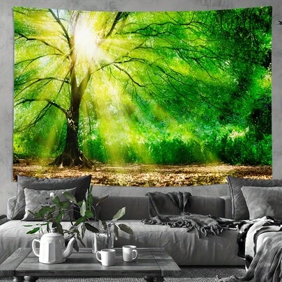 Una gran tapicería de poliéster que representa una escena de un bosque iluminado por el sol en primavera, perfecta para decorar una sala de estar, dormitorio, oficina o espacio para fiestas.