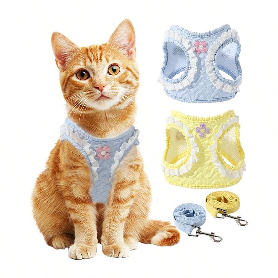 Cat Leash Harness With Floral Decor, Fresh And Elegant Design, Convenient To Wear And Prevent Escape When Going Out - Multicolor - View 1